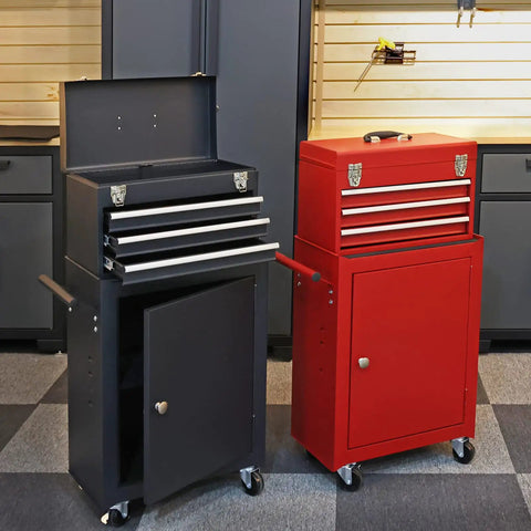 Red Large Tool Chest With Three Drawers For Garage Or Workshop Heavy Duty Cold Rolled Steel Cabinet With Corrosion Resistant Powder Finish Easy Access Upper Tray Organized Tool Storage Solution