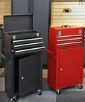 Black and red rolling garage tool organizer with detachable 3 drawer chest and large cabinet.