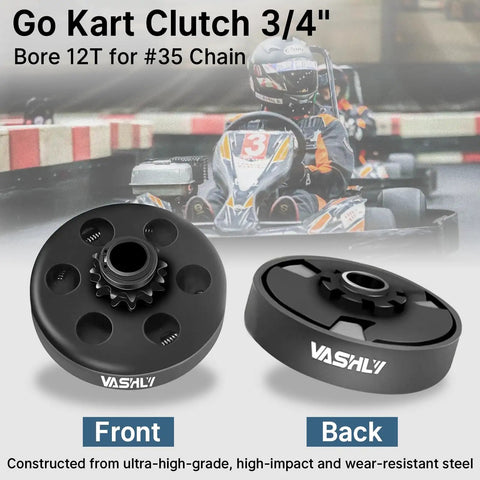 Front and back view of 12 Tooth Go Kart Clutch With 3 4 Inch Bore For 35 Chain Predator 212 And Honda GX Series Engines