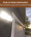 Floodlight Security Camera Pro With 2.5K HD Color Night Vision installed on a garage, dusk-to-dawn automation feature in use.