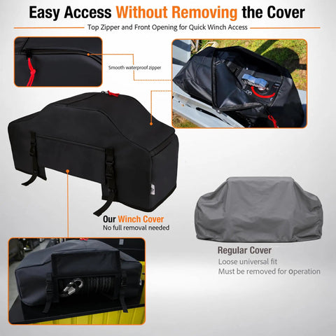 Super Durable Waterproof Winch Cover With Zipper showing easy access zippered design for 8000 to 13500 lb electric winches.