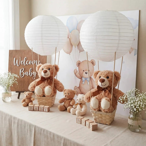 Six Set Large Hot Air Balloon Centerpiece Kit With 13.7 Inch Plush Bears White Paper Lantern Baskets for party decor