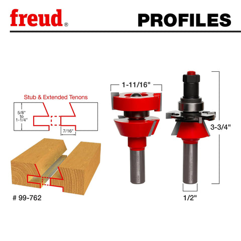 Diagram and side view of Premier Adjustable Rail And Stile Router Bit For Doors And Windows with measurements and wooden joint example.