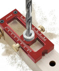 Pro Level 2 In 1 Cross Dowel Drill Guide Kit With Adjustable Pocket Hole Locator positioned on wood for precise drilling.