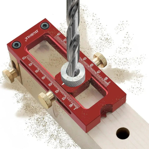 Pro Level 2 In 1 Cross Dowel Drill Guide Kit With Adjustable Pocket Hole Locator positioned on wood for precise drilling.