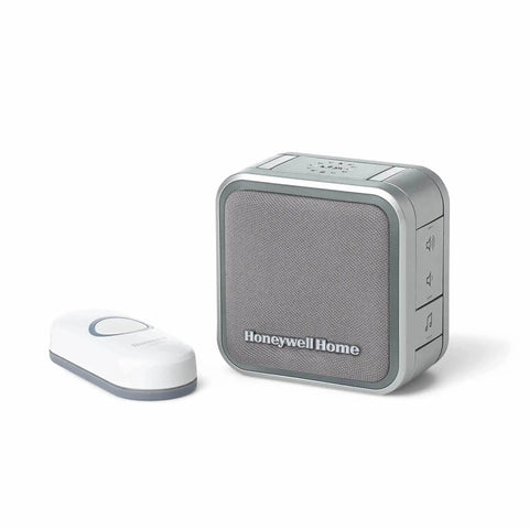Portable Wireless Doorbell With Push Button, 350 Ft Range, 6 Tunes, gray finish, shown with LED halo colors, sleep and mute modes
