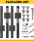 Packaging of 18 Inch Pocket Door Slide Kit Set Of 2 For Space Saving Cabinet Doors, black steel, components included.