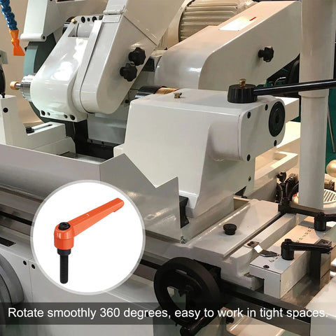 8 Pcs Adjustable Lever Handles M8 x 30mm Metric Thread With 70mm Levers, orange handle, attached to machinery in a workshop setting
