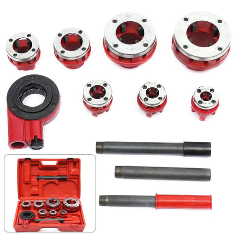 Pro Grade 7 Piece Pipe Threading Kit With Tap And Die Set Including 3/8, 1/2, 3/4, 1, 1-1/4, 1-1/2 And 2 Inch Dies shown with case