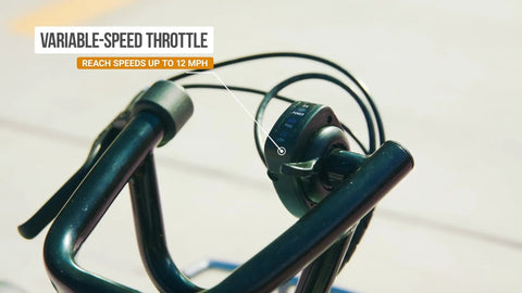 Close-up of variable-speed throttle on the handle of Electric GoKart For Kids 8 And Up With 12 MPH Top Speed Up To 40 Minutes Of Ride Time