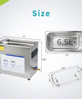 Diagram of 6.5L Ultrasonic Cleaner Pro Grade Heavy Duty With Digital Timer And Heater, showing dimensions and stainless steel tank size.