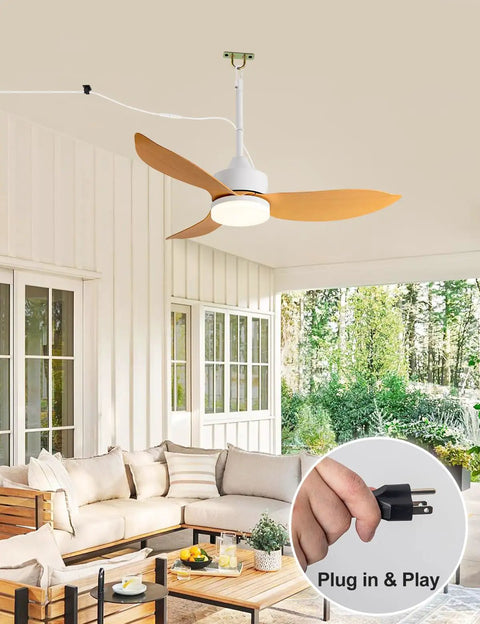 Outdoor Plug In Gazebo Ceiling Fan With Light And Hook IP65 Waterproof Wet Rated Patio Ceiling Fan in wood grain finish and plug