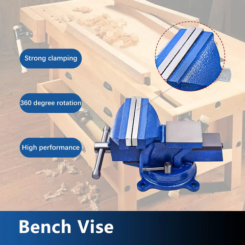 Rock Solid 5 Inch Tabletop Bench Vise With 360 Degree Swivel Base Locking Jaws And Double Lock Down Bolts, blue vise on workbench.