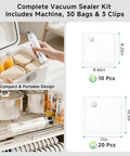 Compact Food Vacuum Sealer With 30 Reusable Bags, handheld device and bags displayed with measurements