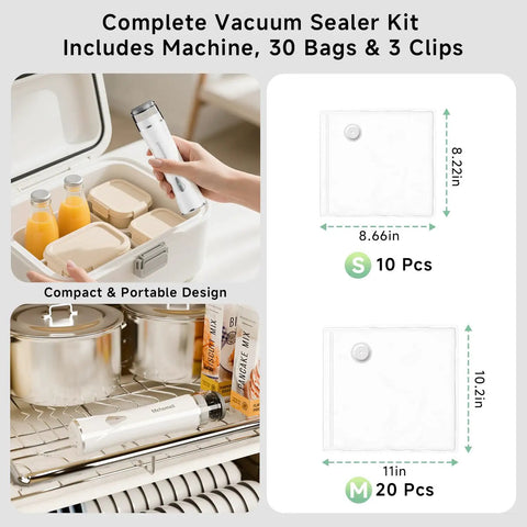Compact Food Vacuum Sealer With 30 Reusable Bags, handheld device and bags displayed with measurements
