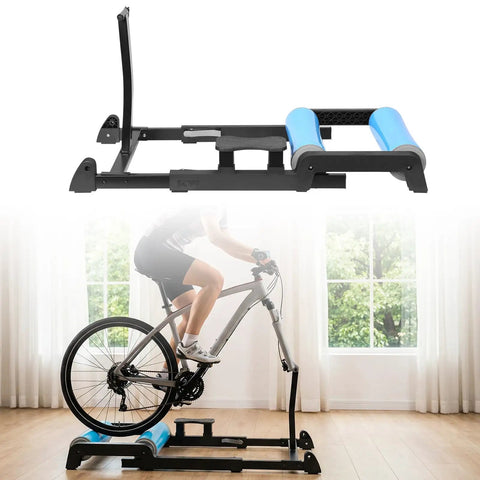 Detachable Indoor Bike Roller Trainer Stand For 24 To 29 Inch Mountain Bikes, Anti Slip Platform in use with bike inside home