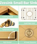 Gold Bar Sink 17 By 17 Inches, Drop In And Top Mount Bar And Prep Sink, 16 Gauge Stainless Steel, features cutting board, grid, drain.