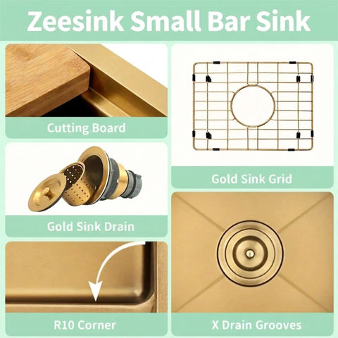 Gold Bar Sink 17 By 17 Inches, Drop In And Top Mount Bar And Prep Sink, 16 Gauge Stainless Steel, features cutting board, grid, drain.