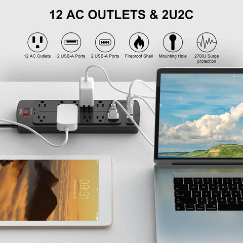 6-Foot Heavy Duty Extension Cord Power Strip With 12 AC Outlets And 4 USB Ports, 2700 Joules Surge Protector, ETL Listed, Black on desk with laptop and tablet