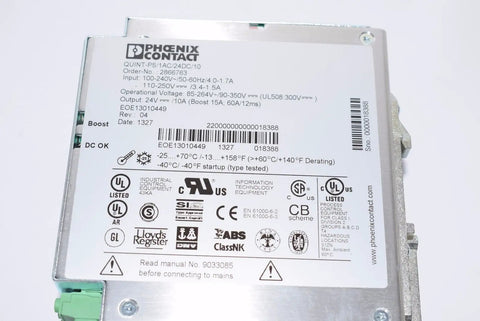 Quint PS 24V DC Power Supply, 10A Output, 1AC Input, Plug In Screw Connection, DIN Rail Mount, Selectable Fuse Breaking (SFB) Tech, High Efficiency Industrial PSU, 9x9x7 in, 4 lb, Used Like New; rear label