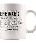 Engineer Definition Funny Gift Mug For Engineering Students Teachers And Pros Nerdy Computer Civil Mechanical Electrical Software Engineers 11 Oz White Ceramic Coffee Mug with humorous text definition of engineer.