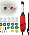 Badass Right Angle Grinder Featuring A Beast Mode Five Hundred Watt Motor With Six Adjustable Speed Settings For Polishing Tile Seams And Deburring Grout Lines Smoothly Every Time. Image shows red angle grinder with attachments.
