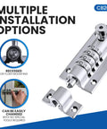 CB2000-CHR Sliding Lock Combination Bolt With Keyless Security, Chrome Finish shown with 4-dial mechanism and installation options