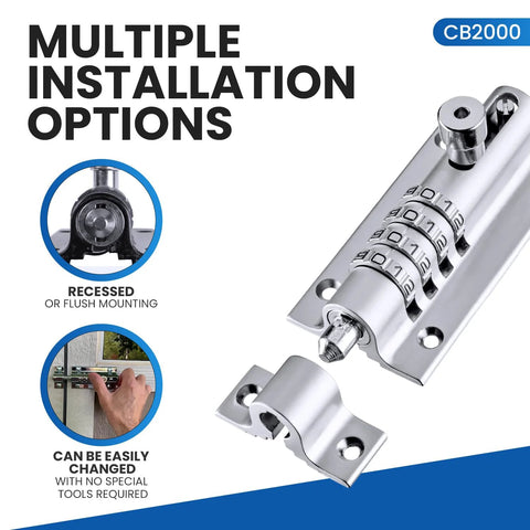 CB2000-CHR Sliding Lock Combination Bolt With Keyless Security, Chrome Finish shown with 4-dial mechanism and installation options