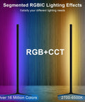 Rgb Corner Floor Lamp With App Control And Remote Music Sync 16 Million Colors Dimmable Warm White To Vivid Color Modern Led Ambience Lamp For Living Room And Gaming Setup displaying segmented RGB and warm lighting effects.