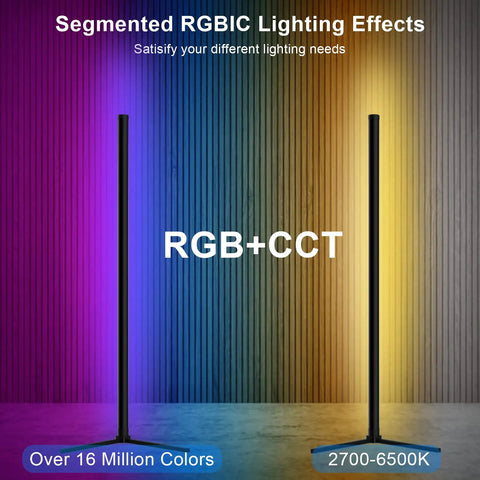Rgb Corner Floor Lamp With App Control And Remote Music Sync 16 Million Colors Dimmable Warm White To Vivid Color Modern Led Ambience Lamp For Living Room And Gaming Setup displaying segmented RGB and warm lighting effects.