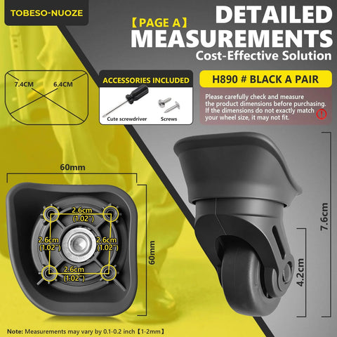 Universal Luggage Wheels Replacement Kit For Spinner Suitcases 360 Degree Rotating Caster Set with measurements and screws shown