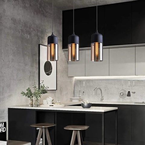 Industrial Farmhouse Pendant Light With Black Finish And Amber Cylinder Shade for Kitchen Island