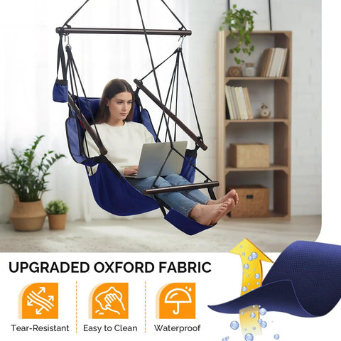 Deluxe Hanging Hammock Sky Chair for Chill Sessions with Pillow and Drink Holder, navy blue with solid wood spreader bar.