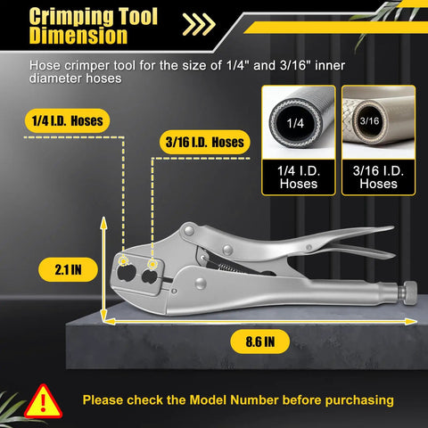 All-In-One Welding Hose Repair Kit crimper tool for 1/4 and 3/16 inch ID hoses with dimension labels and model check note