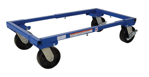 Heavy Duty Steel Adjustable Tote Dolly With 6 Inch Casters And A 3000 Lb Capacity, blue steel frame on four nylon wheels