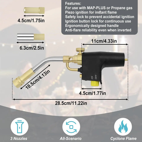 Diagram showing dimensions and features of Propane Torch Head Kit With Three Nozzles High Intensity Trigger Start For Soldering.
