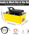 High-Pressure Air Hydraulic Pump Kit With 10,000 PSI Power, 0.6 Gal Reservoir, Foot Pedal Operation, 6.6 Ft Hose And Spray Gun, NPT Three-Eighth Inch Outlet And One-Quarter Inch Inlet, Yellow Built-To-Last Workhorse For 10-Ton Jobs, yellow pump with hose and fittings