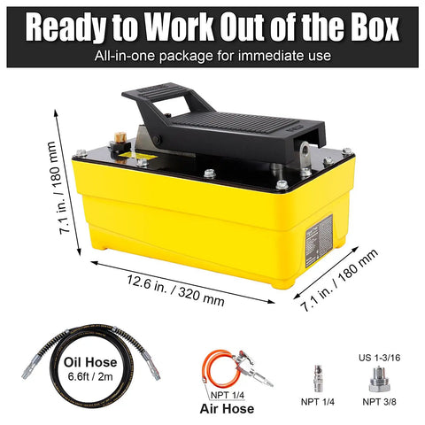 High-Pressure Air Hydraulic Pump Kit With 10,000 PSI Power, 0.6 Gal Reservoir, Foot Pedal Operation, 6.6 Ft Hose And Spray Gun, NPT Three-Eighth Inch Outlet And One-Quarter Inch Inlet, Yellow Built-To-Last Workhorse For 10-Ton Jobs, yellow pump with hose and fittings