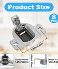 Eight Pack Cabinet Hinge Replacement Set For 110 Degree Compact 33 Hinges shown with size dimensions and screw-in design