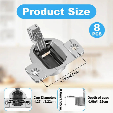 Eight Pack Cabinet Hinge Replacement Set For 110 Degree Compact 33 Hinges shown with size dimensions and screw-in design