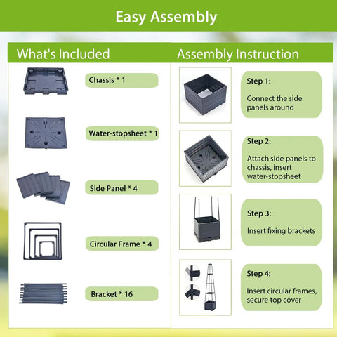 Assembly instructions and included parts for Two Pack Tomato Planters With Trellis, 56 Inch Tomato Cages For Indoor And Outdoor Climbing Plants