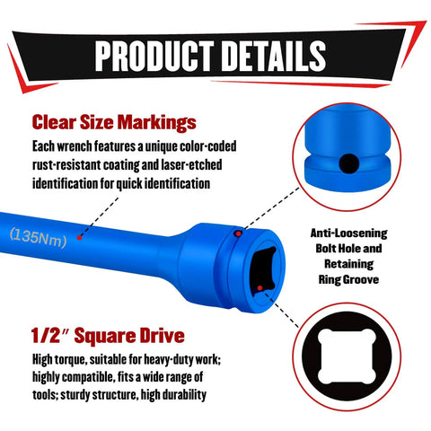 Ten Piece One Half Inch Drive Torque Limiting Extension Bar Set Eight Inch Length 65 To 150 Ft Lbs Range Impact Wrench Compatible Color Coded Lug Nut And Tire Repair Extensions With Storage Case Ideal For Auto DIY And Industrial. Blue 1/2-inch drive torque bar with size marking and retaining ring groove
