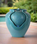 Teal Glazed Pot Water Fountain With Built In Led Light And Pump For Outdoor And Indoor Use, Chill Patio Garden Backyard Decor