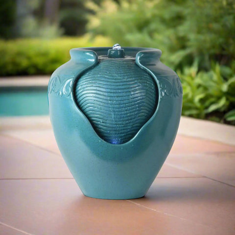 Teal Glazed Pot Water Fountain With Built In Led Light And Pump For Outdoor And Indoor Use, Chill Patio Garden Backyard Decor