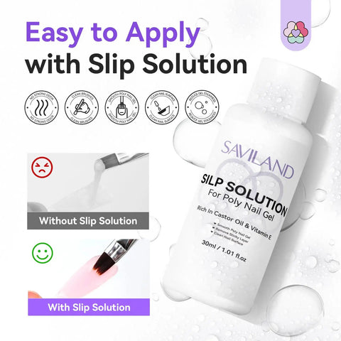 Hema-Free Poly Gel Nail Kit Starter Slip Solution and brush application comparison for smooth poly nail gel application.
