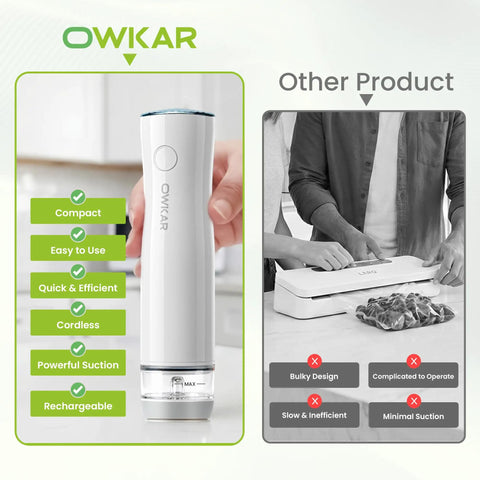 Portable Handheld Vacuum Sealer For Food With 32 Reusable Bags shown on kitchen counter, highlighting features with visible liquid tank