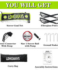 Components of Go To Portable Backyard Soccer Goal Kit With 2 By 2.6 Ft Net, ball, pump, ground stakes, carry bag and instructions