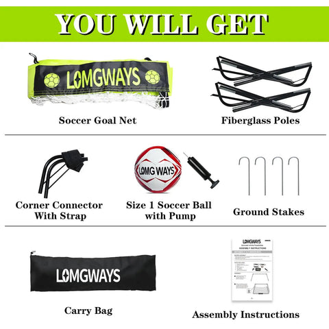 Components of Go To Portable Backyard Soccer Goal Kit With 2 By 2.6 Ft Net, ball, pump, ground stakes, carry bag and instructions