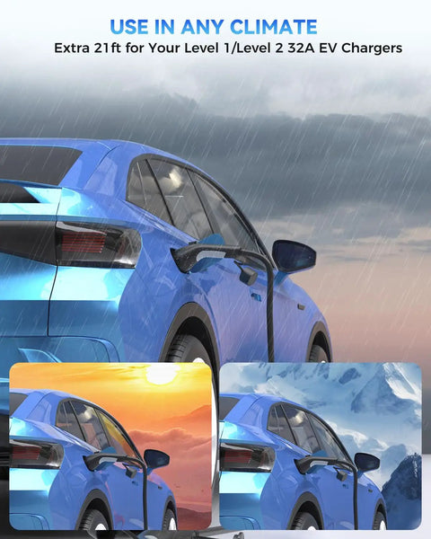 Blue EV with Heavy Duty 21Feet J1772 EV Charger Extension Cord 32 Amp SAE J1772 Extension Cable in various weather conditions