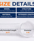 Kickass 4 Inch Pvc Dust Collection Hose 20 Feet Long Steel Coiled Anti Kink Flexible Exhaust Tubing user size details with clear PVC.